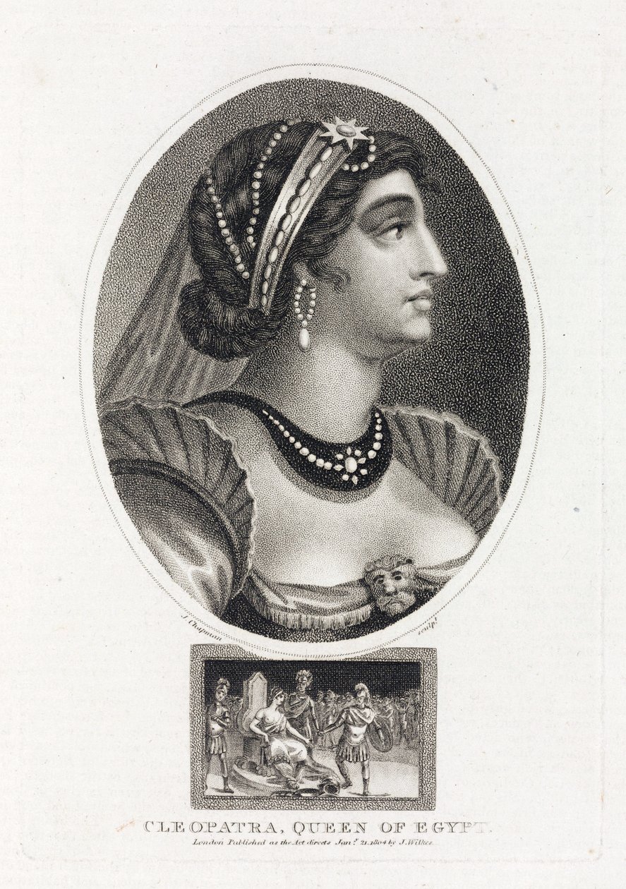 Portræt af Cleopatra (Thea Philopator, 69-30 f.Kr.), med en scene, der beskriver hendes overtagelse af Egyptens trone, omgivet af romerske legionærer af Unbekannt