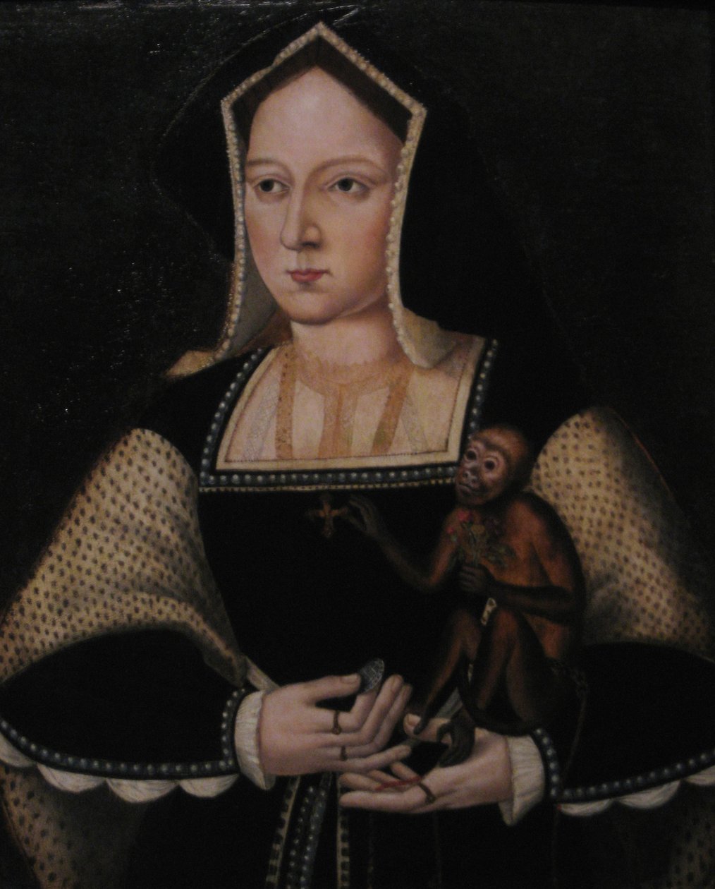 Portræt af Katarina af Aragon med hendes kæledyrabe Kopi efter Lucas Horenbout, ca 1530 af Unbekannt