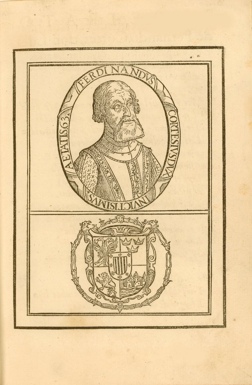 Portræt af Hernán Cortés 1485-1547 med hans våbenskjold, 1588. af Unbekannt