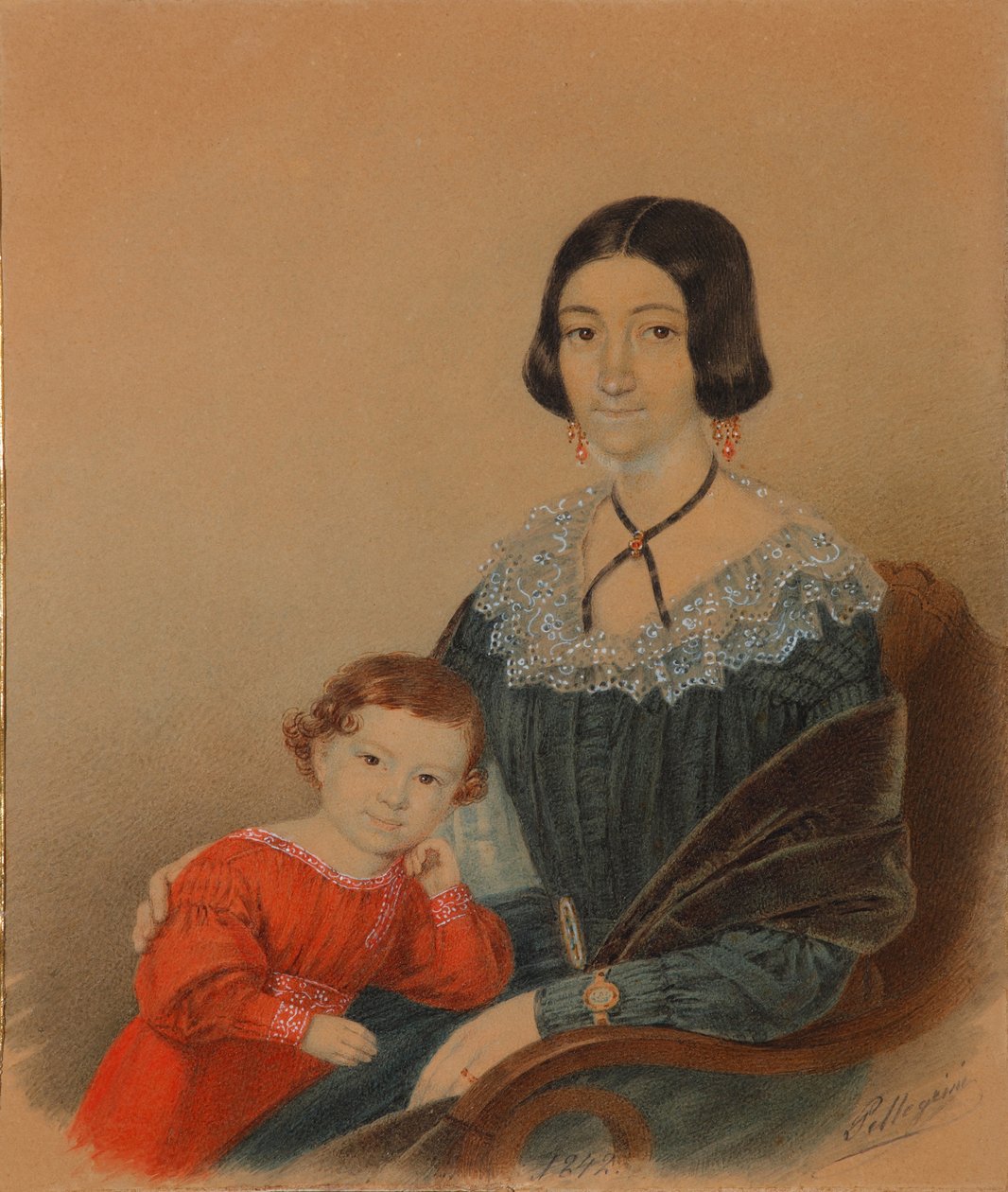 Portræt af Maria Prokhorovna Krivtsova med søn Alexander, 1841 af Unbekannt