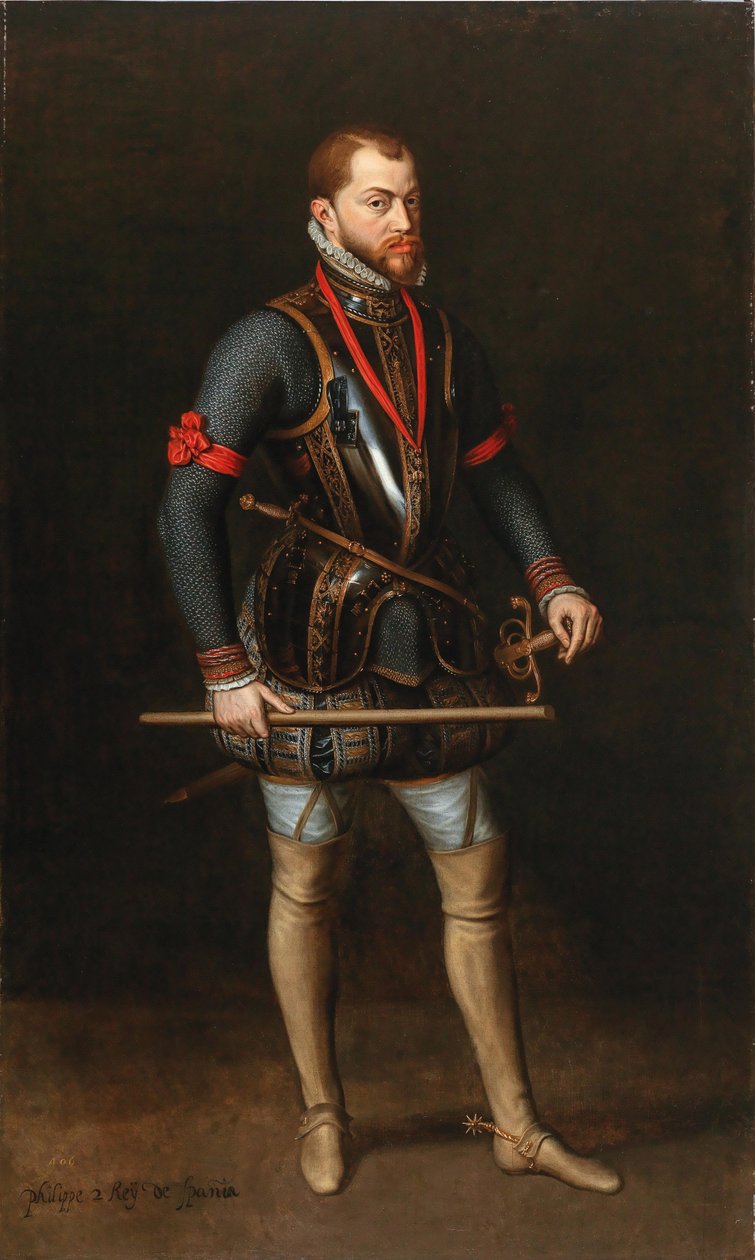 Portræt af Filip II 1527-1598, konge af Spanien, i rustning og med Det Gyldne Skindorden. af Unbekannt