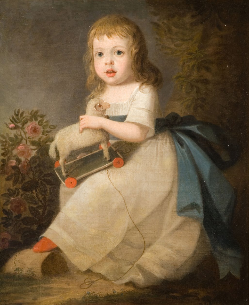 Portræt af et barn med et legetøjsfår, 1850. af Unbekannt