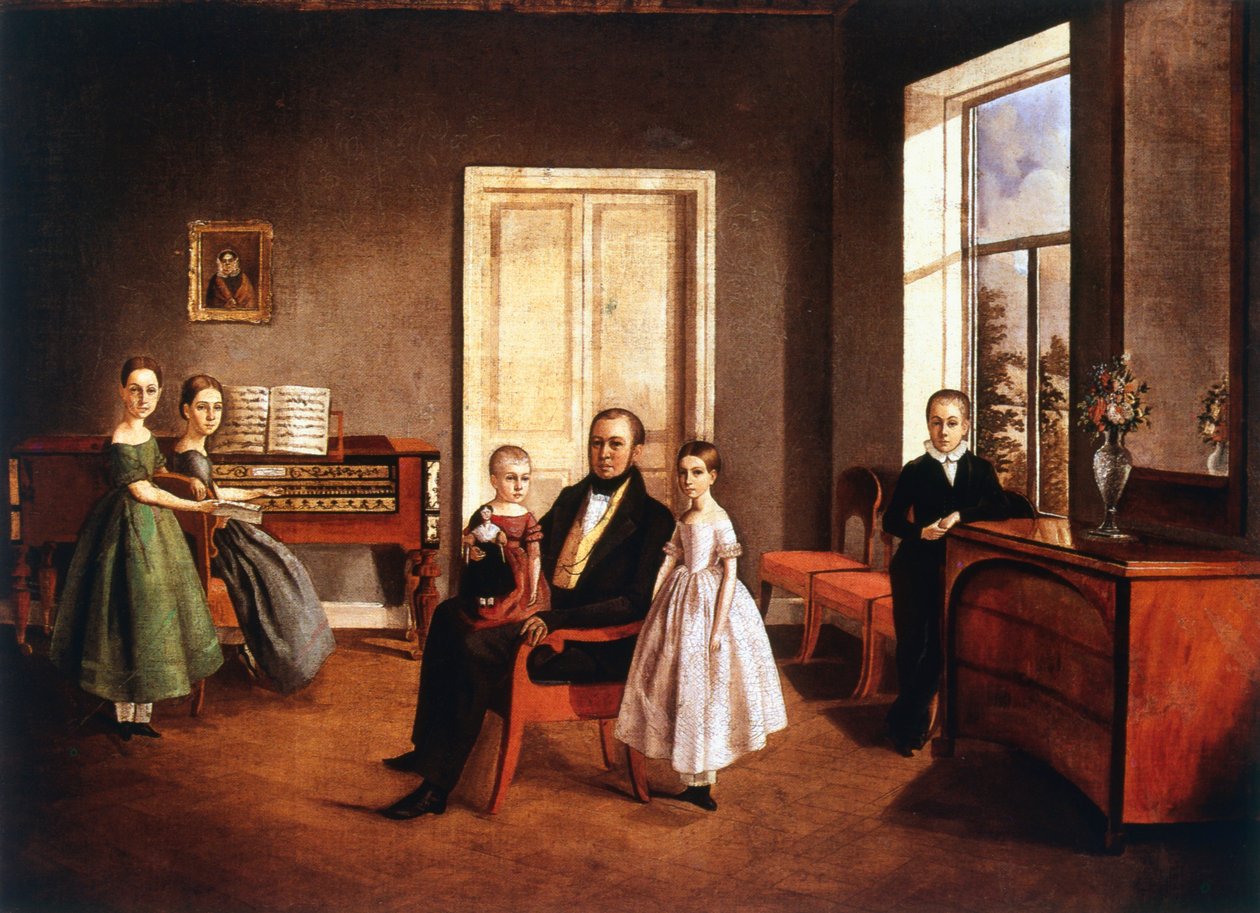 Portræt af en familie i et interiør, russisk, c1840 af Unbekannt