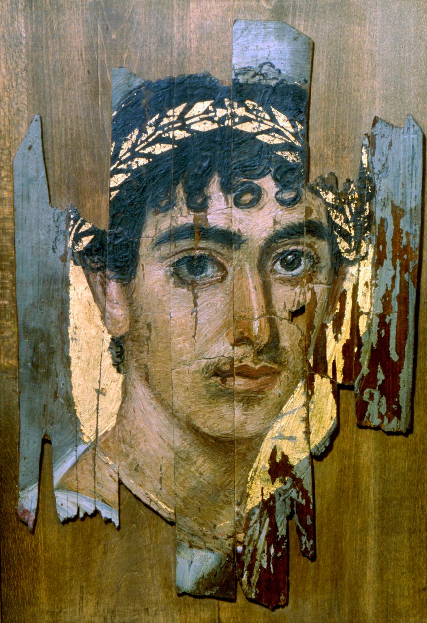 Portræt af en ung i en guldkrans, Fayum mumieportræt, romano-egyptisk, tidligt 2. århundrede af Unbekannt