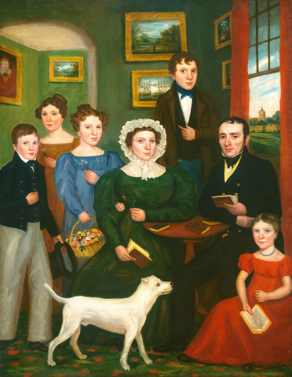 Portræt af en ukendt familie med en terrier, ca. 18251835. af Unbekannt