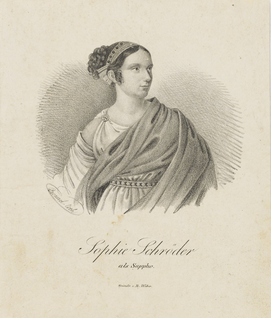 Portræt af sangerinden og skuespillerinden Sophie Schröder 1781-1868 som Sappho, 1833. af Unbekannt