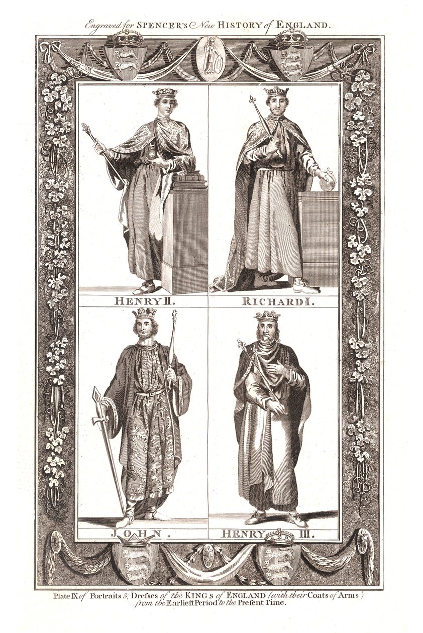 Portrætter og kjoler af The Kings of England med våbenskjolde, 1784 af Unbekannt