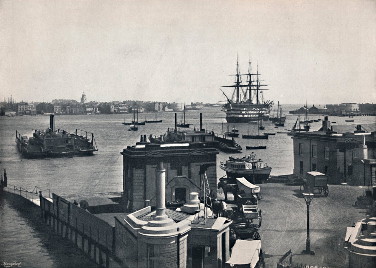 Portsmouth - Udsigt over havnen, viser Nelsons slagskib, The Victory., 1895 af Unbekannt