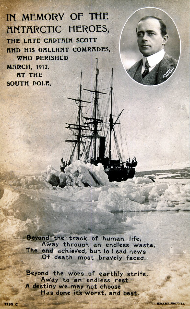 Postkort til minde om kaptajn Scotts skæbnesvangre ekspedition til Sydpolen, c1912 af Unbekannt