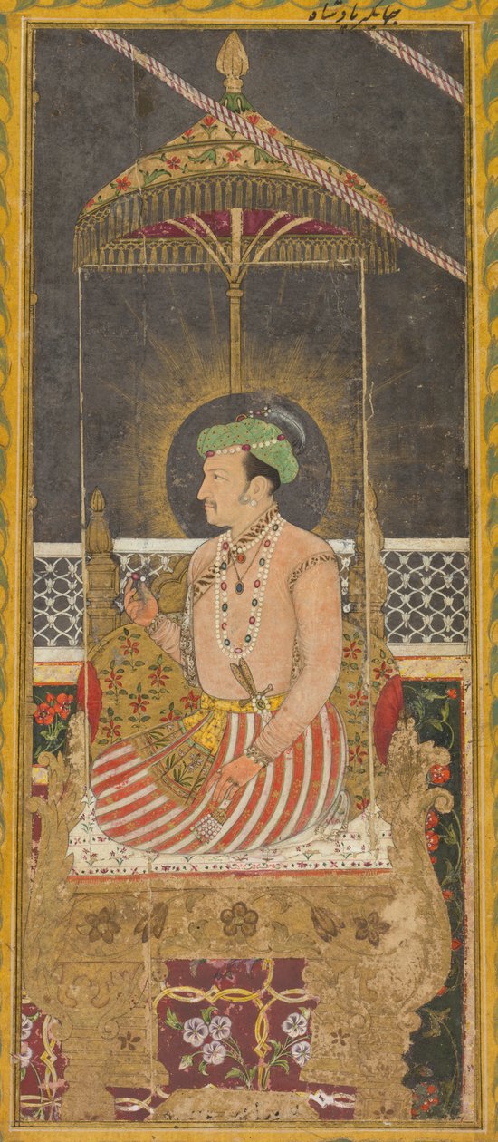 Posthumt portræt af kejser Jahangir under en baldakin, ca. 1650. af Unbekannt