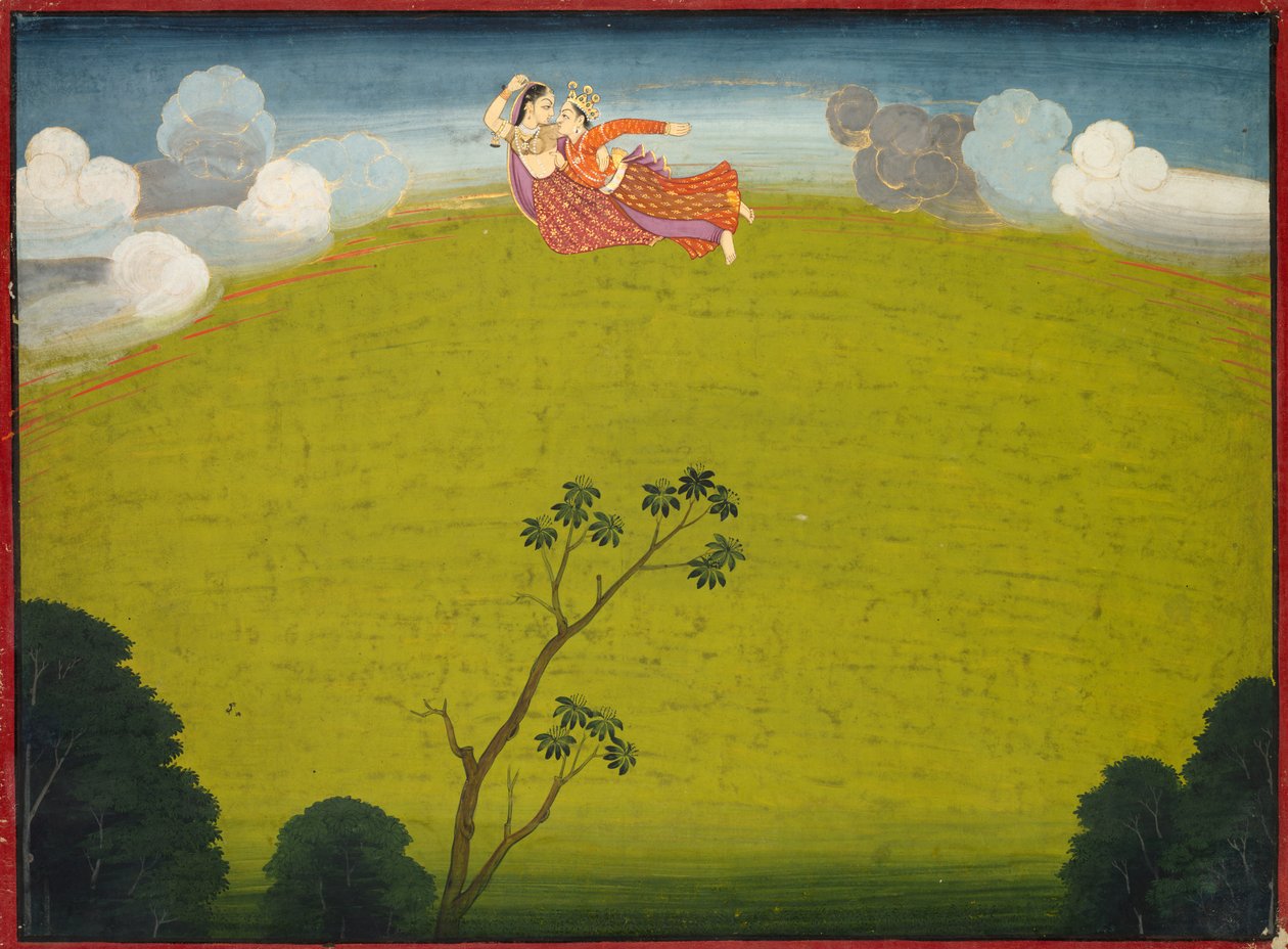 Dwarka med Pradyumna og Mayawati flue, fra den store Basohli Bhagavata Purana, ca. 10-6. af Unbekannt