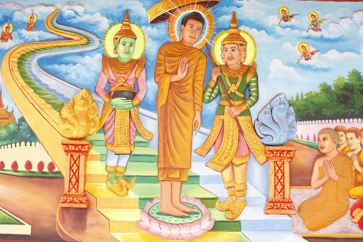 Preah Prom Rath MonasteryLife of the BuddhaBuddha aflægger et besøg i himlen og mødes med guderne Indra og Brahma, Siem Reap, Cambodia af Unbekannt