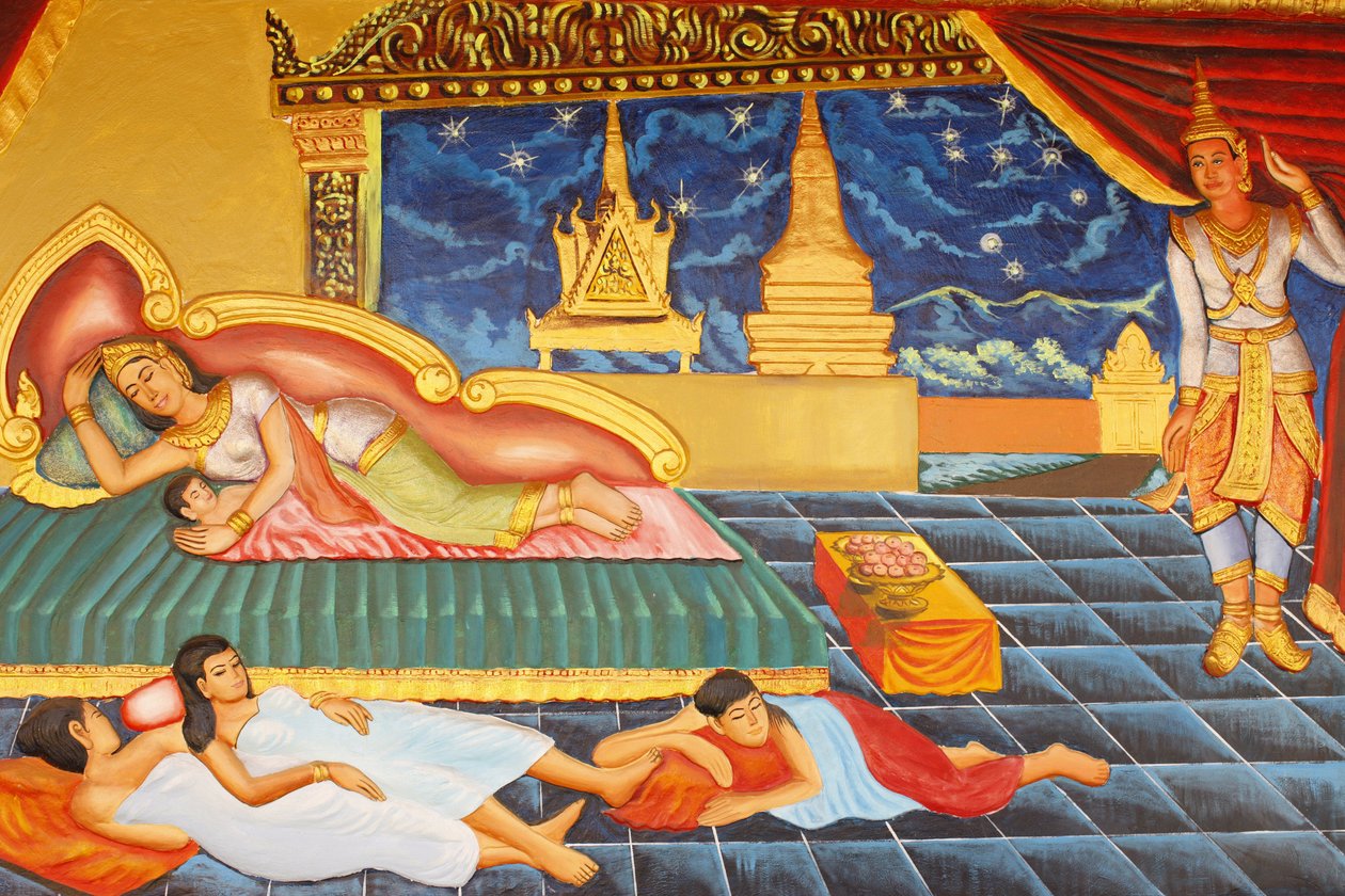 Preah Prom Rath Kloster Buddhas liv I en periode vendte prinsen tilbage til paladslivet, men han havde ingen glæde af det.Selv nyheden om, at hans kone Yasodhara havde født en søn, behagede ham ikke. Barnet hed Rahula, Siem Reap, Cambodia af Unbekannt