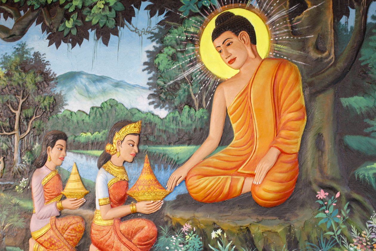 Preah Prom Rath Monastery Life of the BuddhaThe Renunciation En morgen tilbød en pige ved navn Sujata Siddhartha noget lækker mælke-risengrød, Siem Reap, Cambodia af Unbekannt