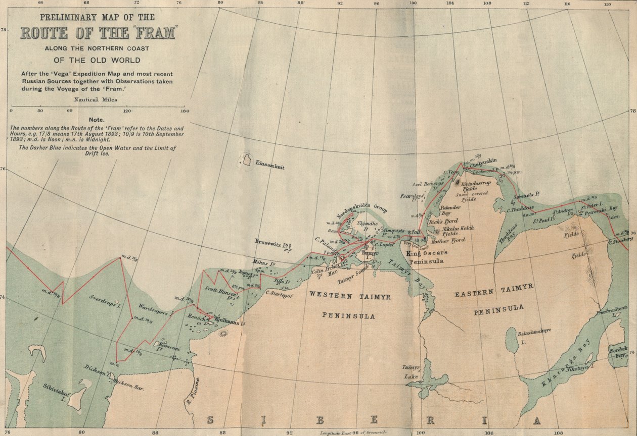 Foreløbigt kort over Frams rute langs den nordlige kyst af den gamle verden, c1893-1896, 1897. af Unbekannt