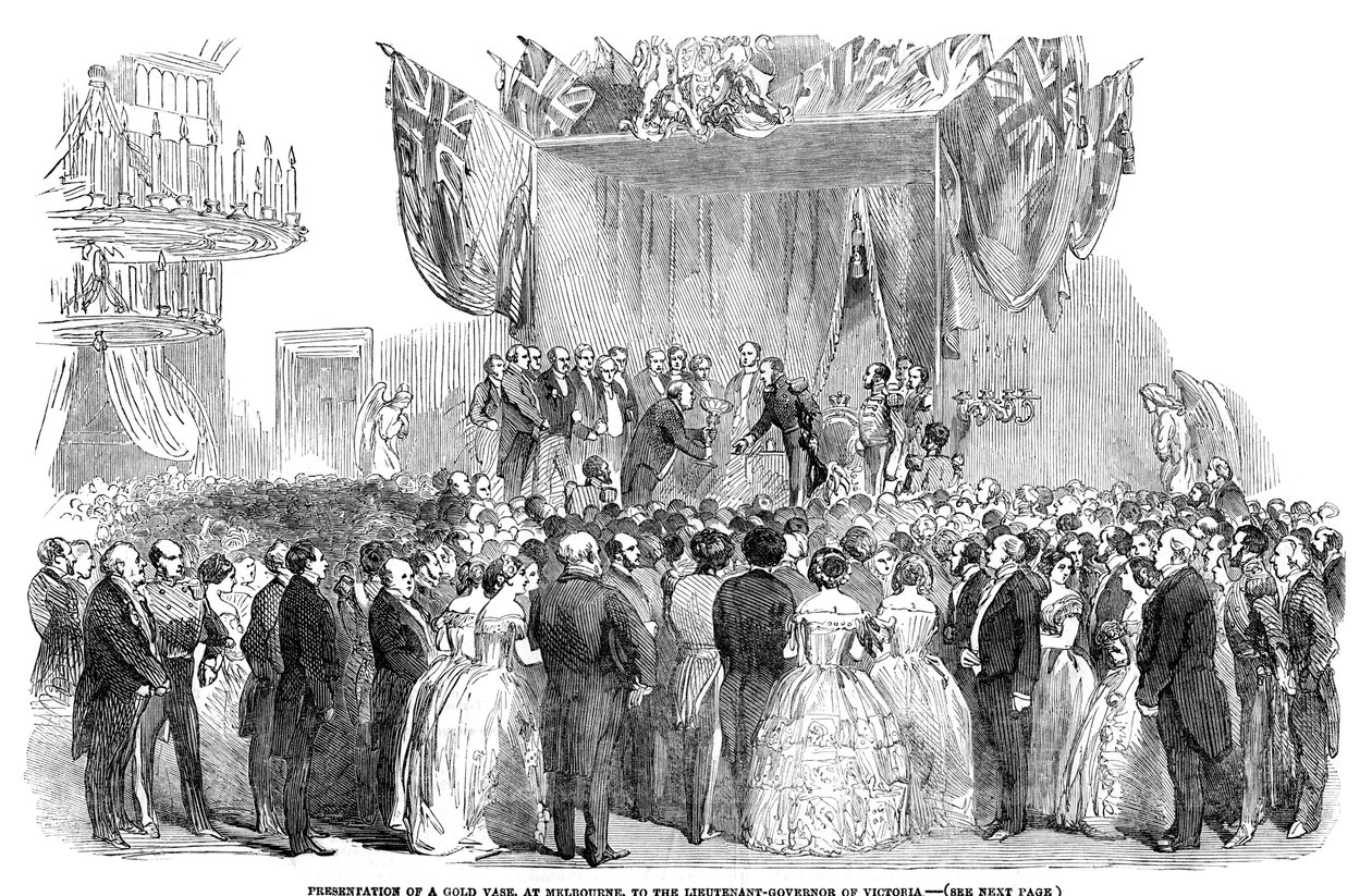 Præsentation af en guldvase i Melbourne til Løjtnantguvernøren i Victoria, 1854 af Unbekannt