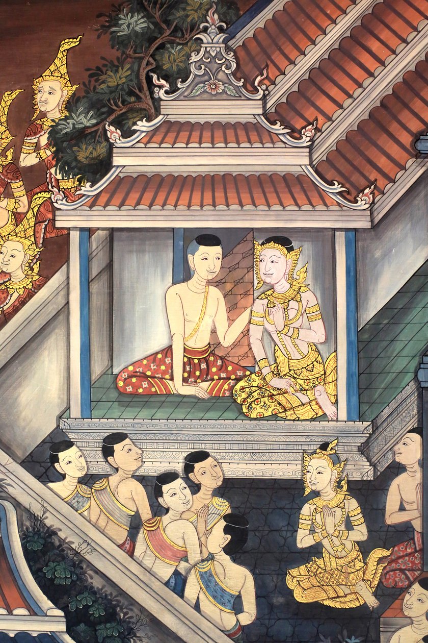 Prins Rama og Sita. Vægmaleri på indervæggene i Vihara fra kong Rama III