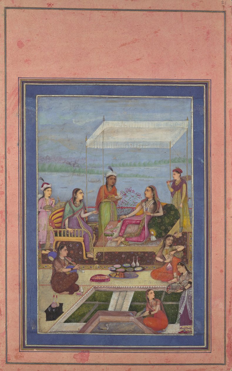 Princess Entertaining a Visitor on the Balcony, Folio fra Davis Album, midten af 2. halvdel af 17. århundrede. af Unbekannt