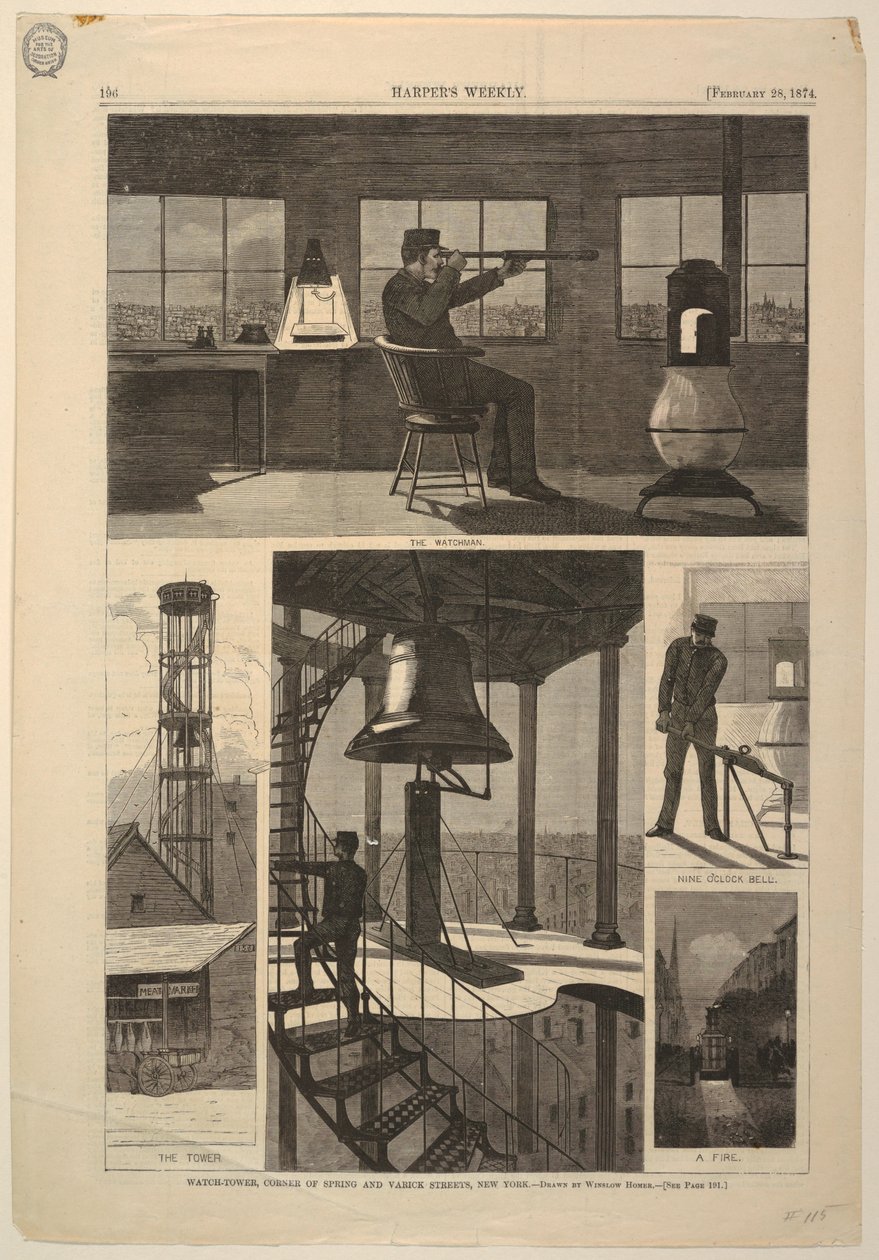 Print, Watch-tower, Corner of Spring og Varick Streets, New York, 28. februar 1874 af Unbekannt