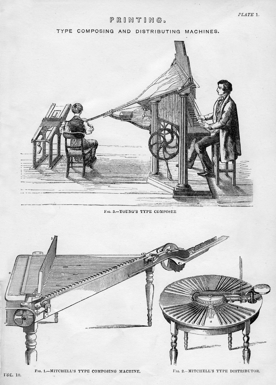 Tryknings-, typekomponerings- og distributionsmaskiner, 1800- eller 1900-tallet af Unbekannt