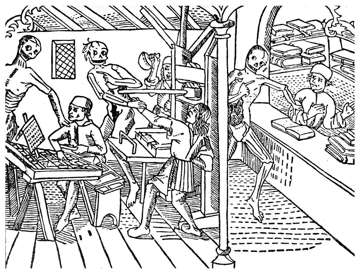 Printworkers chikaneret af skeletter, 1499 1956 af Unbekannt