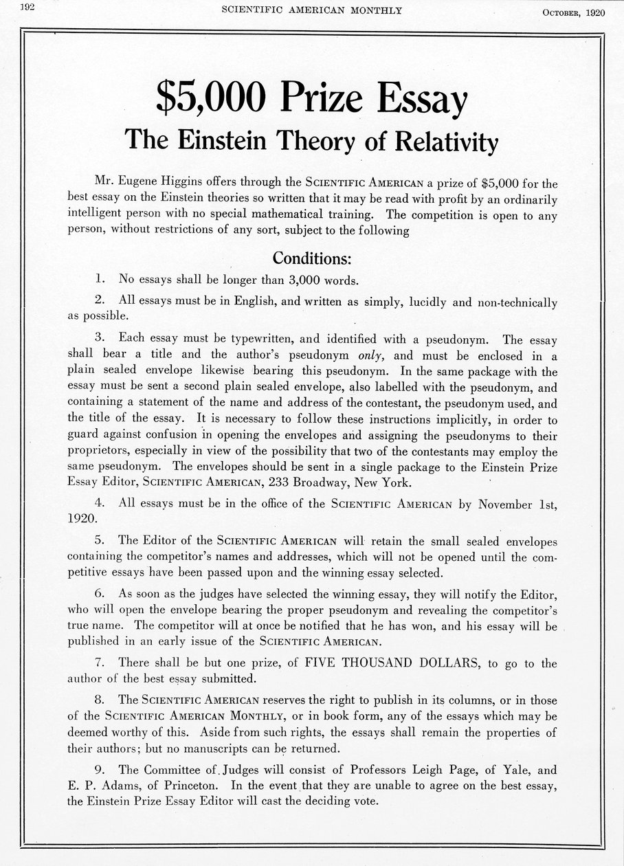 Pris uddelt i Scientific American, oktober 1920, for et essay om Einsteins relativitetsteori af Unbekannt