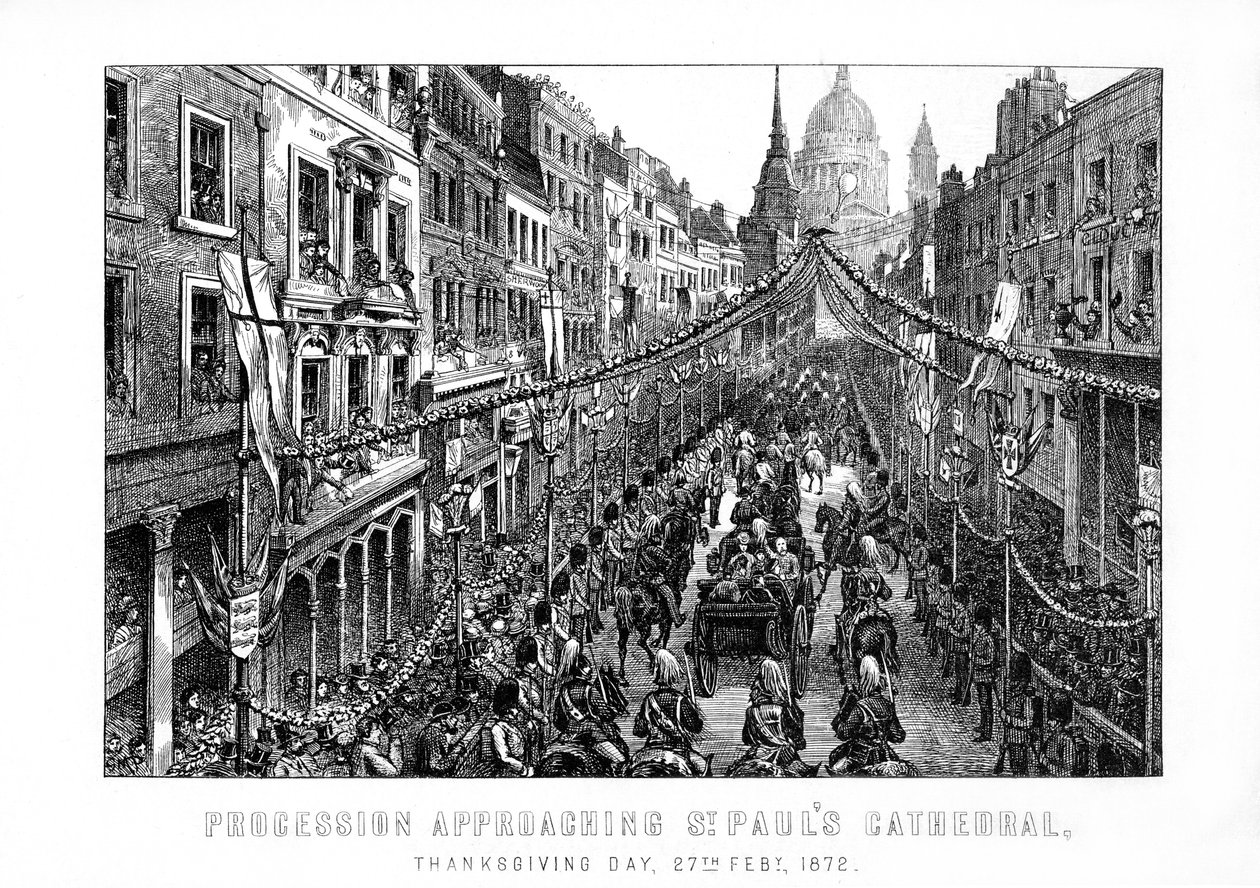 Procession nærmer sig St Pauls Cathedral, Thanksgiving Day, 27. februar, 1872, 1899 af Unbekannt