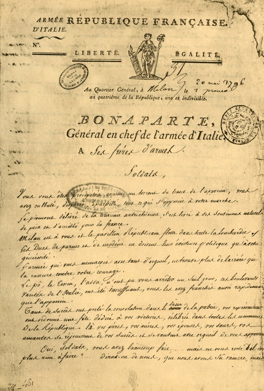 Proklamation af Napoleon til sine våbenbrødre, 20. maj 1796, 1921. af Unbekannt