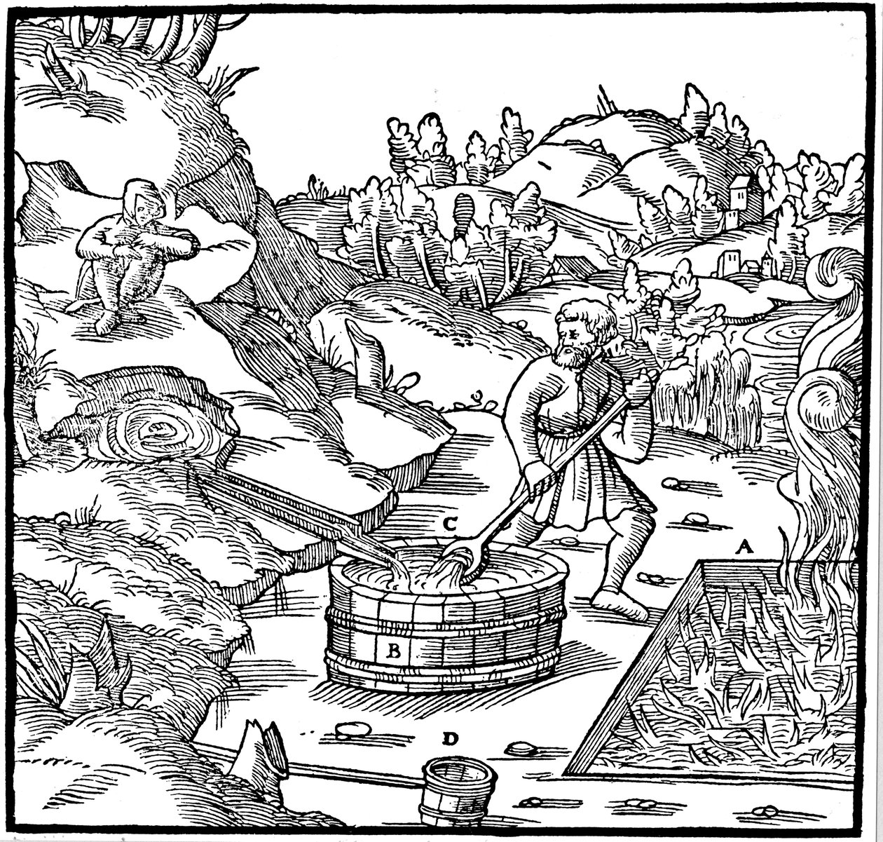Fremstilling af salt ved at fordampe naturlig saltlage ved at hælde den i en grube med brændende trækul, 1556 af Unbekannt