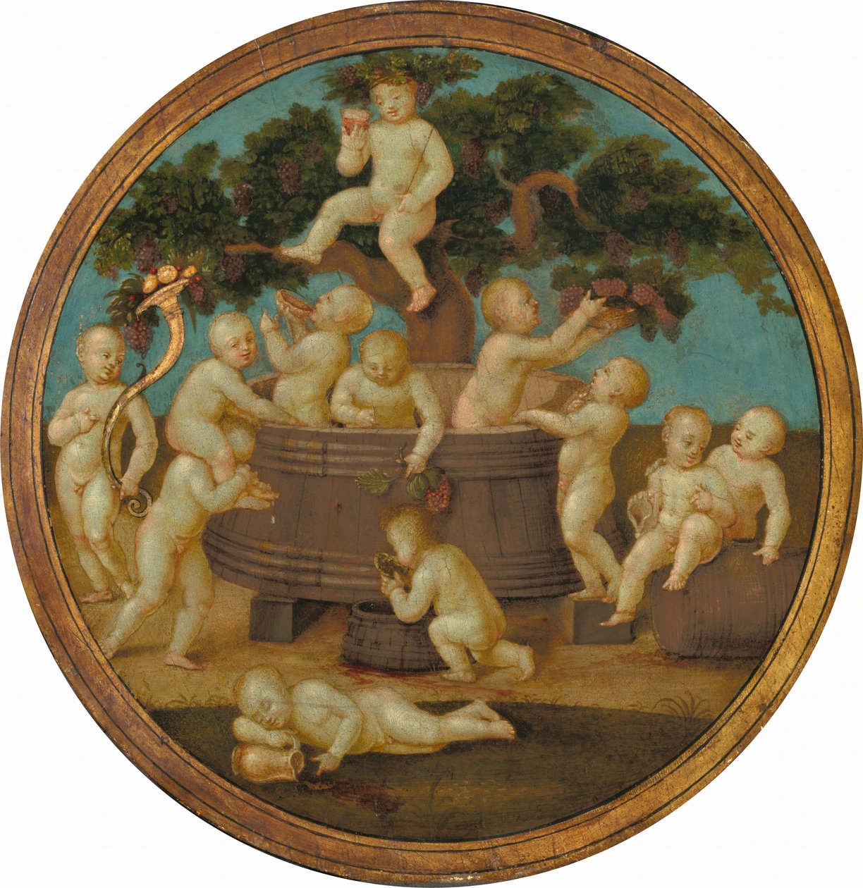 Putti med en vinpresse, ca. 1500. af Unbekannt