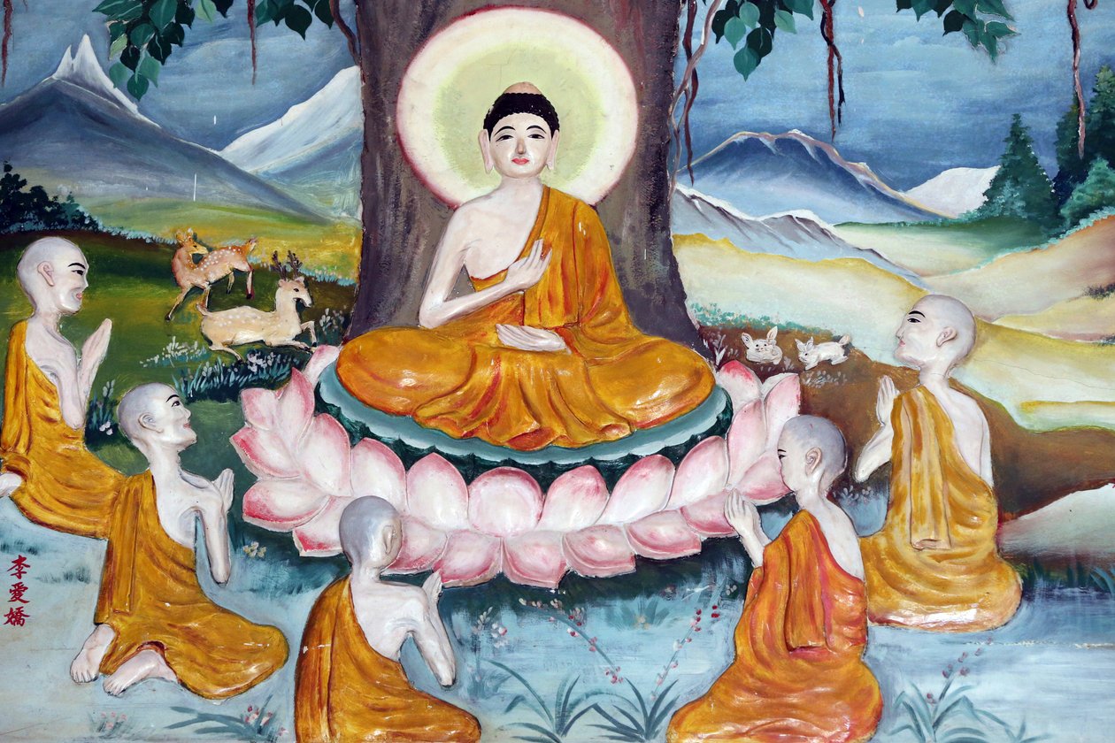 Quan Am Bo Tat-templet (Pagoda of Avalokitesvara Bodhisattva). Shakyamuni Buddha prædiker - lovens hjul - for sine fem disciple. Vung Tau. Vietnam af Unbekannt