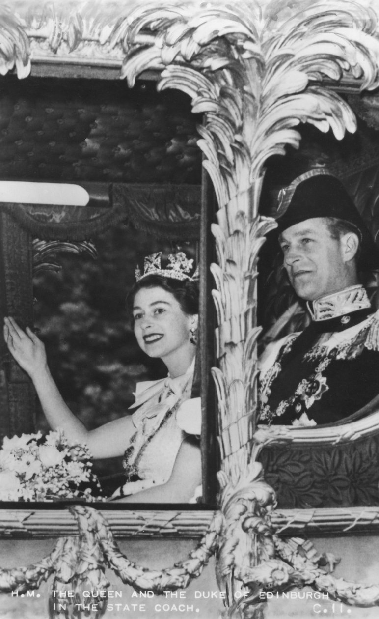 Dronning Elizabeth II og hertugen af Edinburgh i statsvognen, The Coronation, 2. juni 1953 af Unbekannt