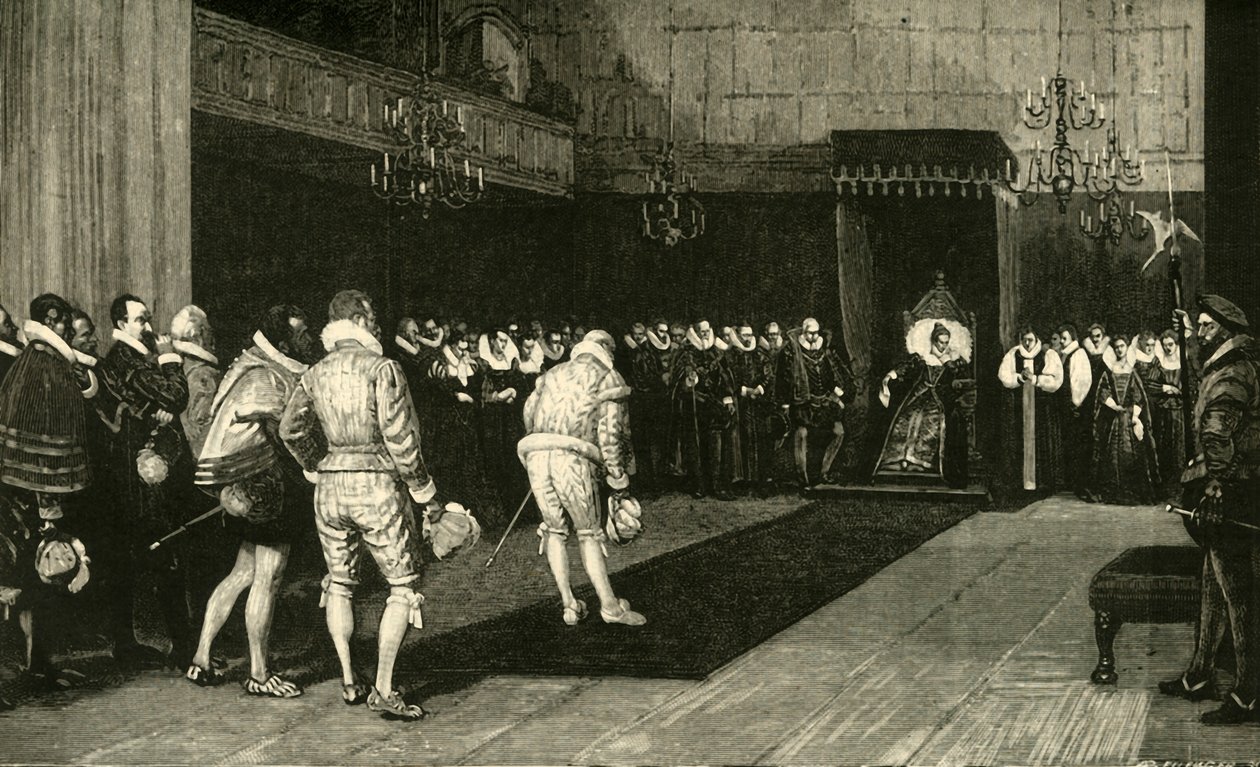 Dronning Elizabeth modtog de franske ambassadører efter massakren i St. Bartholomew, 1890. af Unbekannt