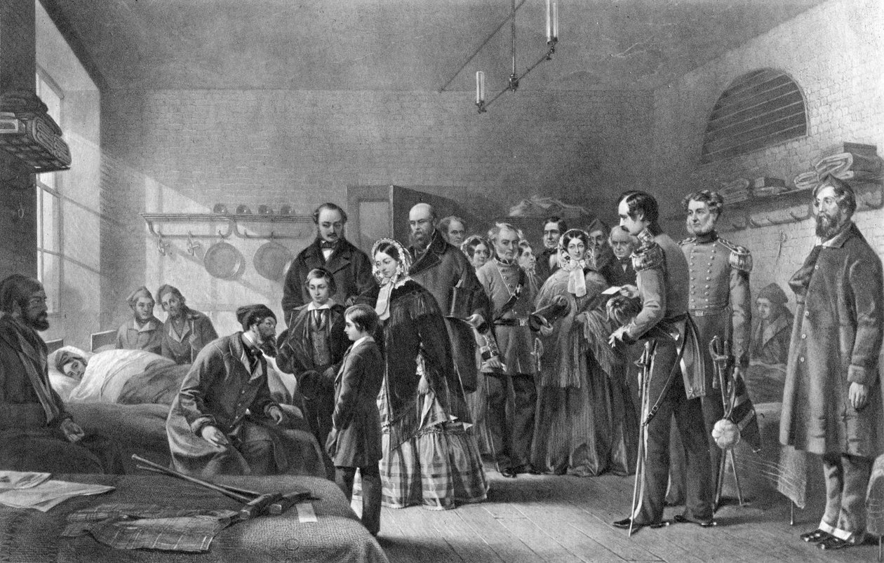 Dronning Victoria 1819-1901 på besøg hos sårede soldater, 1800-tallet af Unbekannt