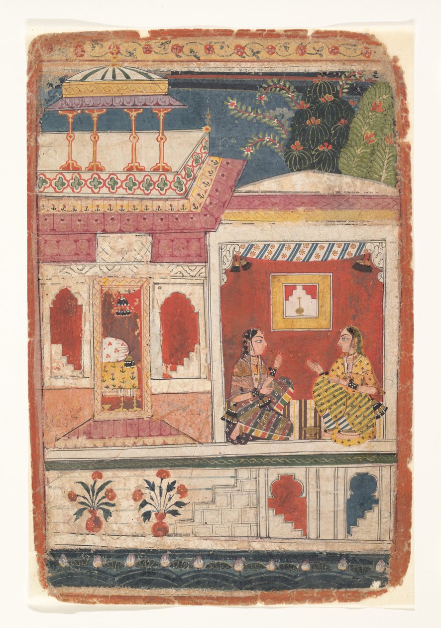 Radha og hendes fortrolige sidder i et åbent rum: Side fra en spredt Rasikapriya, ca. 1680-90. af Unbekannt