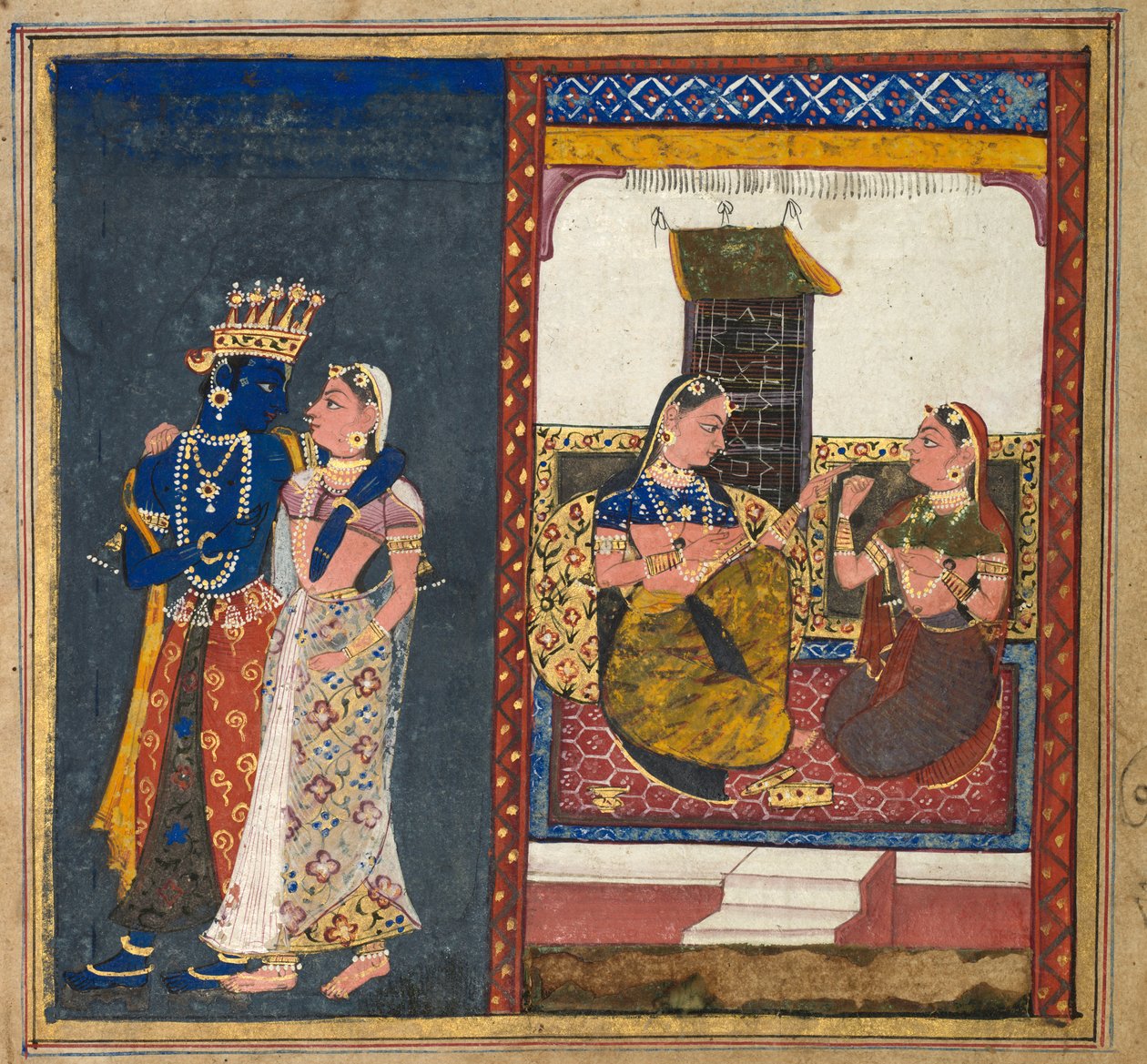Radha og Krishna Embracing, Blad fra en Gita Govinda, ca. 1650. af Unbekannt