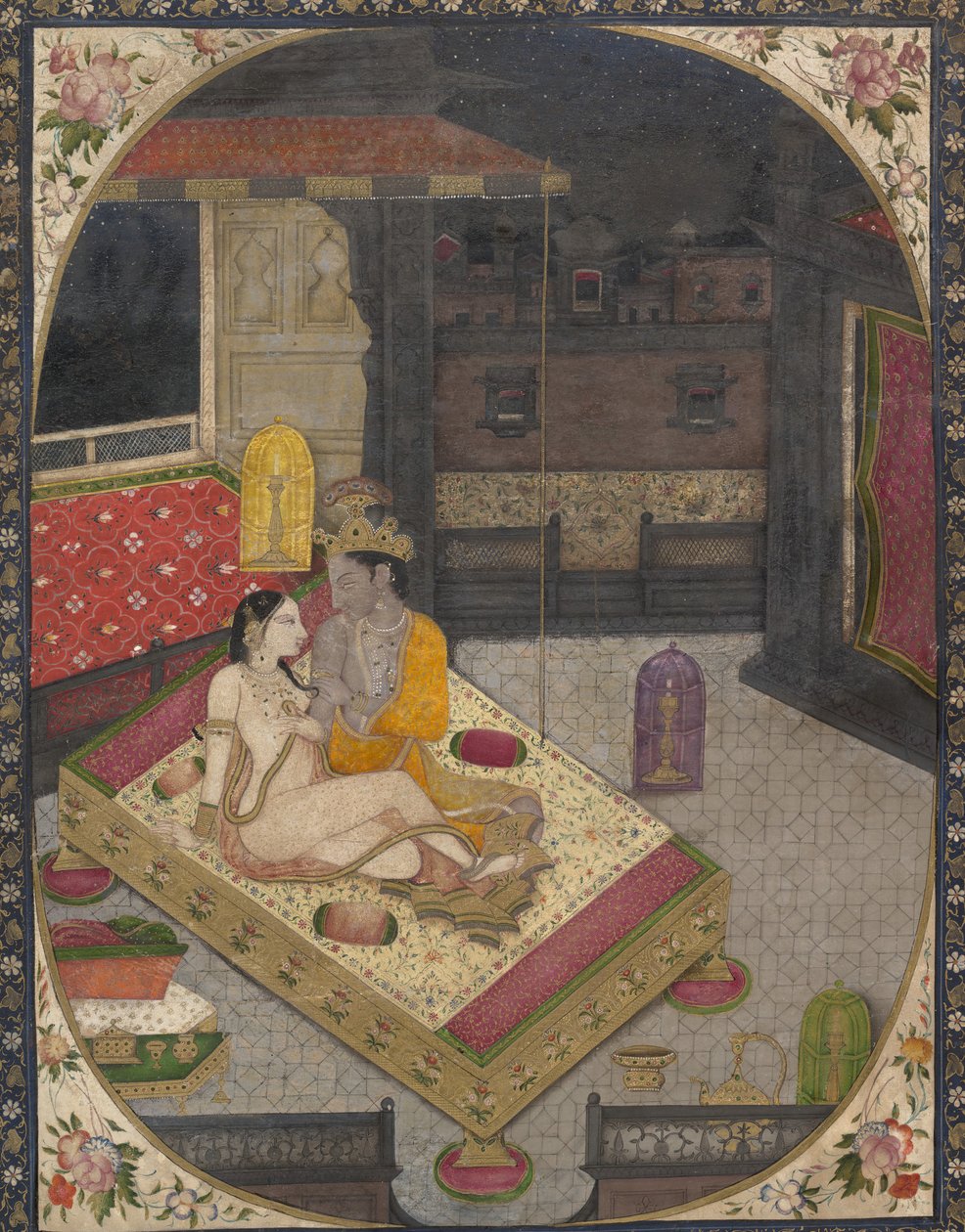 Radha og Krishna på en seng om natten, ca. 1830. af Unbekannt
