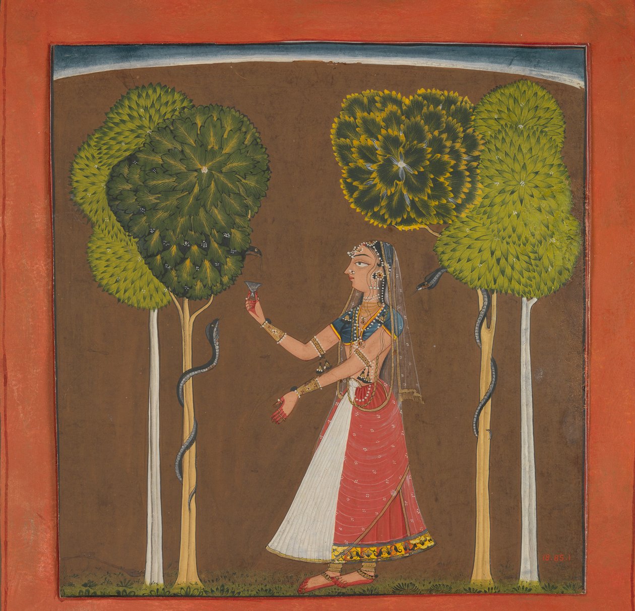 Ragini, muligvis Asavari: Folio fra en Ragamala-serie, ca. 1700-1710. af Unbekannt