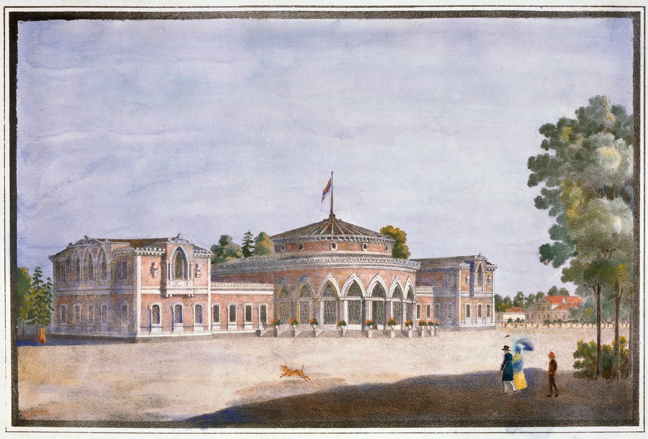 Jernbanestation og fransk restaurant i Catharinhof, St. Petersborg, Rusland, 1800-tallet af Unbekannt