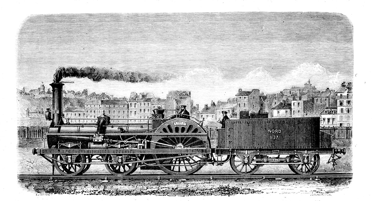 Jernbanedamplokomotiv designet i 1849 af den engelske ingeniør Thomas Russell Crampton af Unbekannt