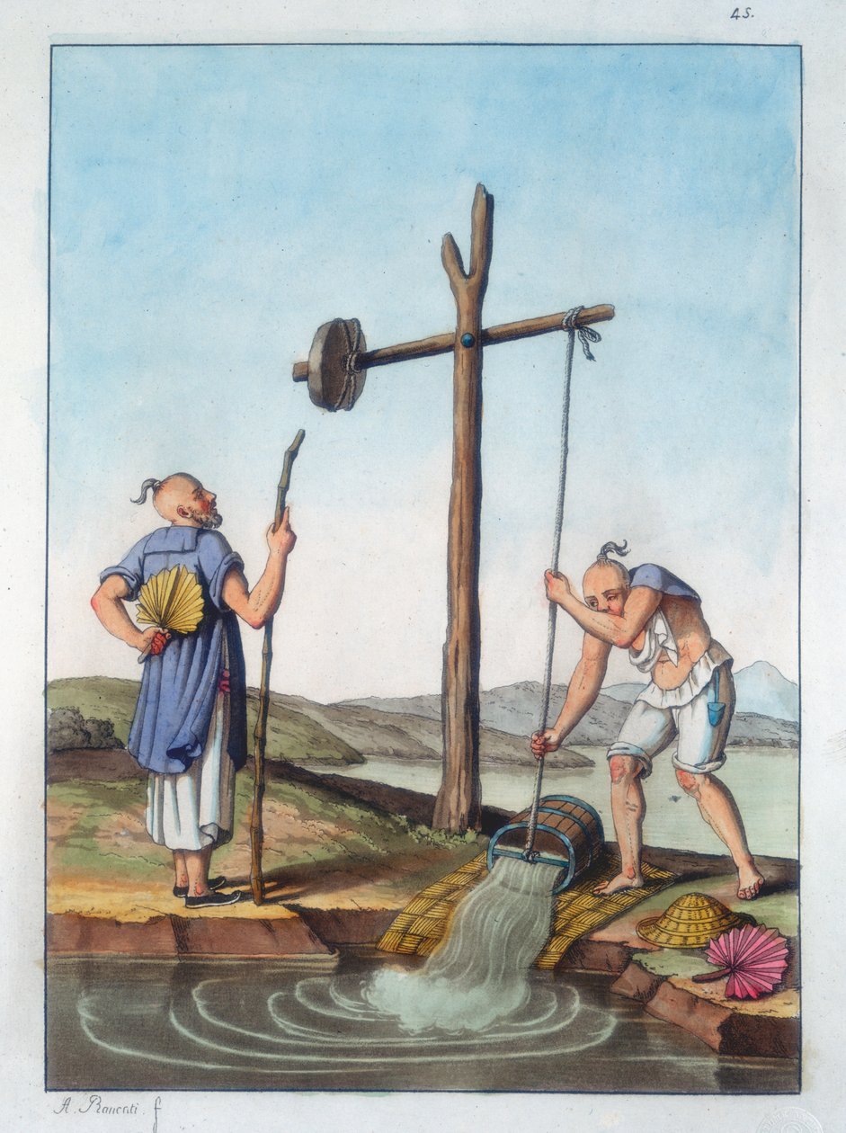 Hævning af vand ved hjælp af en shaduf, Kina, 1825-1835 af Unbekannt