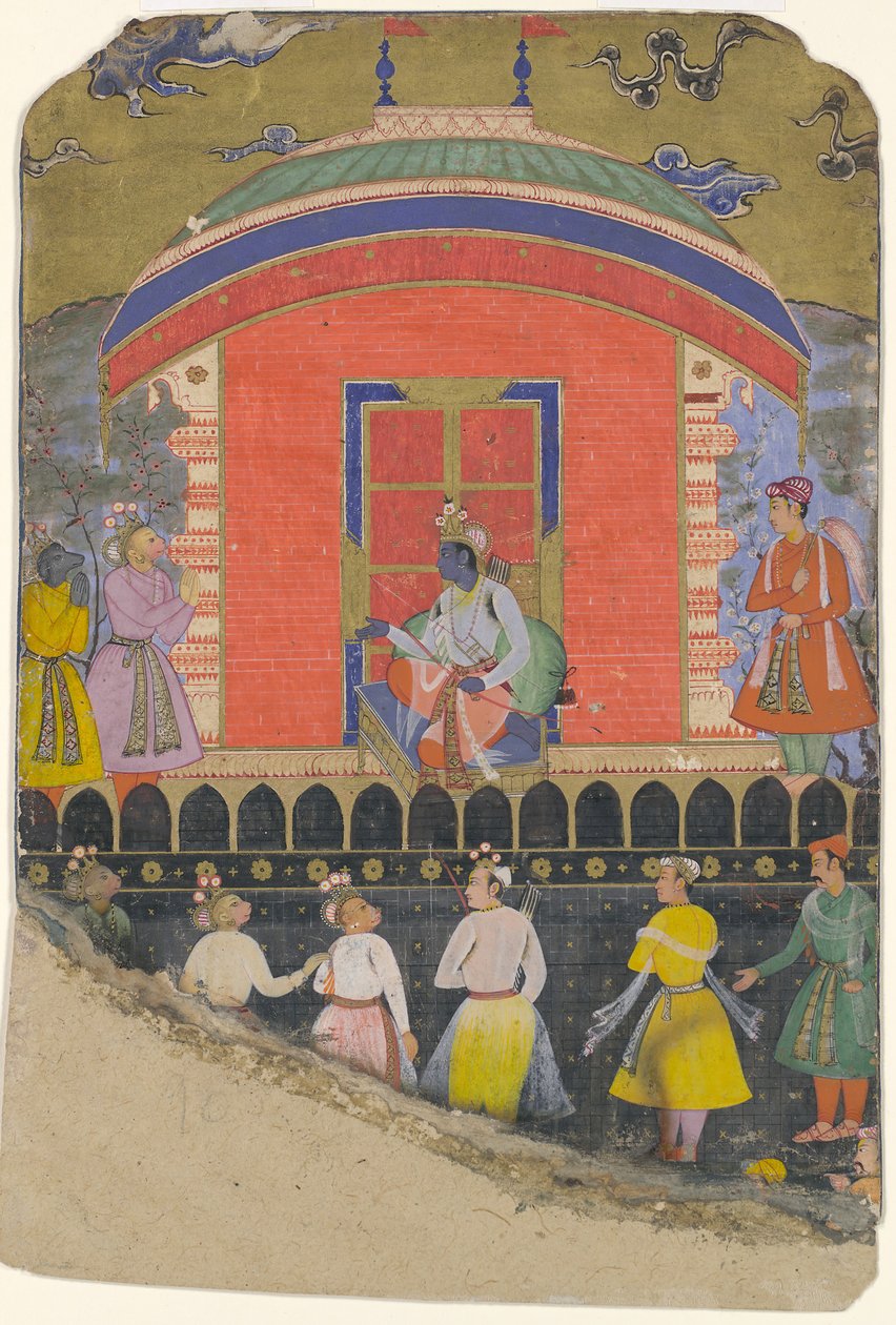 Rama modtager Sugriva og Jambavat, Abe- og Bjørnekongerne, Folio fra..., ca. 1605. af Unbekannt
