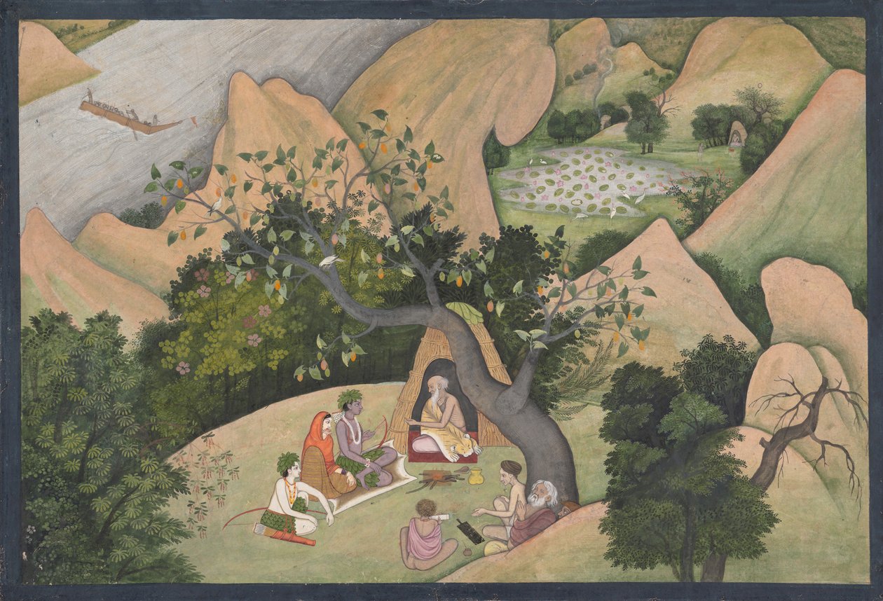 Rama, Sita og Lakshmana ved Hermitage of Bharadvaja: Illustreret folio fra..., ca. 1780. af Unbekannt