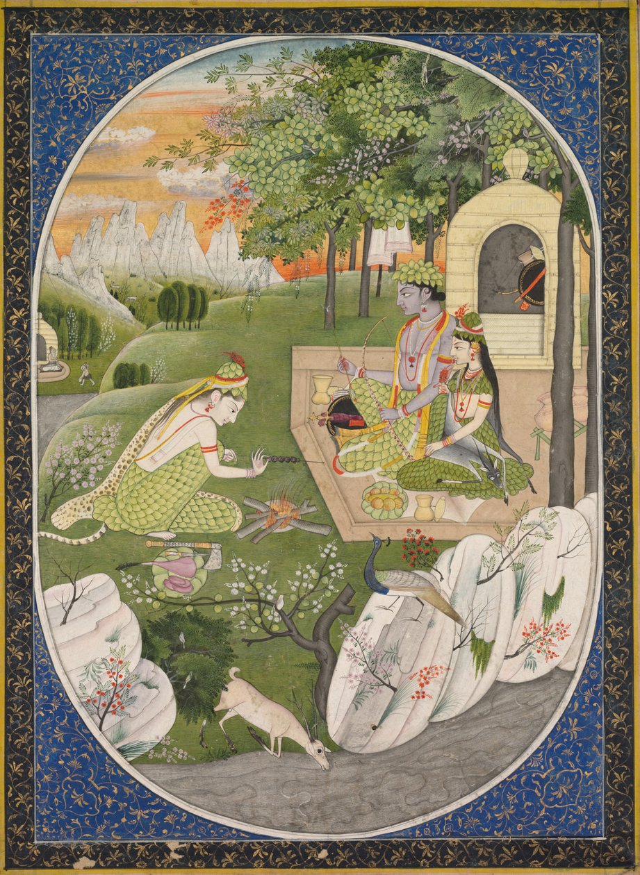Rama, Sita og Lakshmana i skoven, side fra Ramayana Tales of God Rama, ca. 1830. af Unbekannt