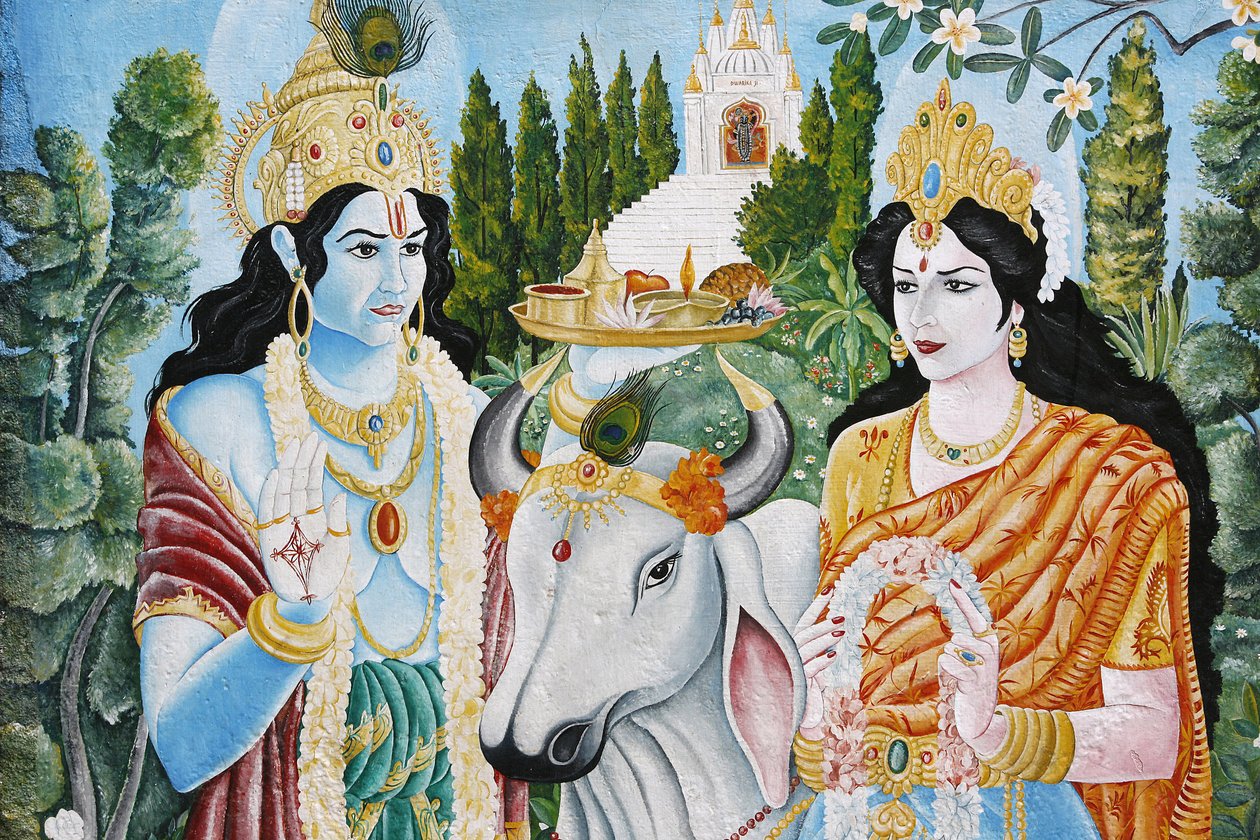 Rama, Sita og hellig ko. Rama er den 7. inkarnation af Vishnu. Pashupatinath, Kathmandu, Nepal af Unbekannt