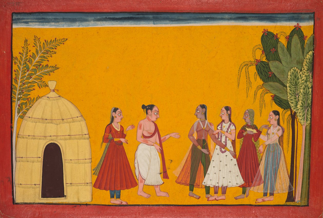 Rama og Sita bliver ført til præsten for at fastsætte bryllupsdatoen, side fra Ramayana..., c1700-17 af Unbekannt
