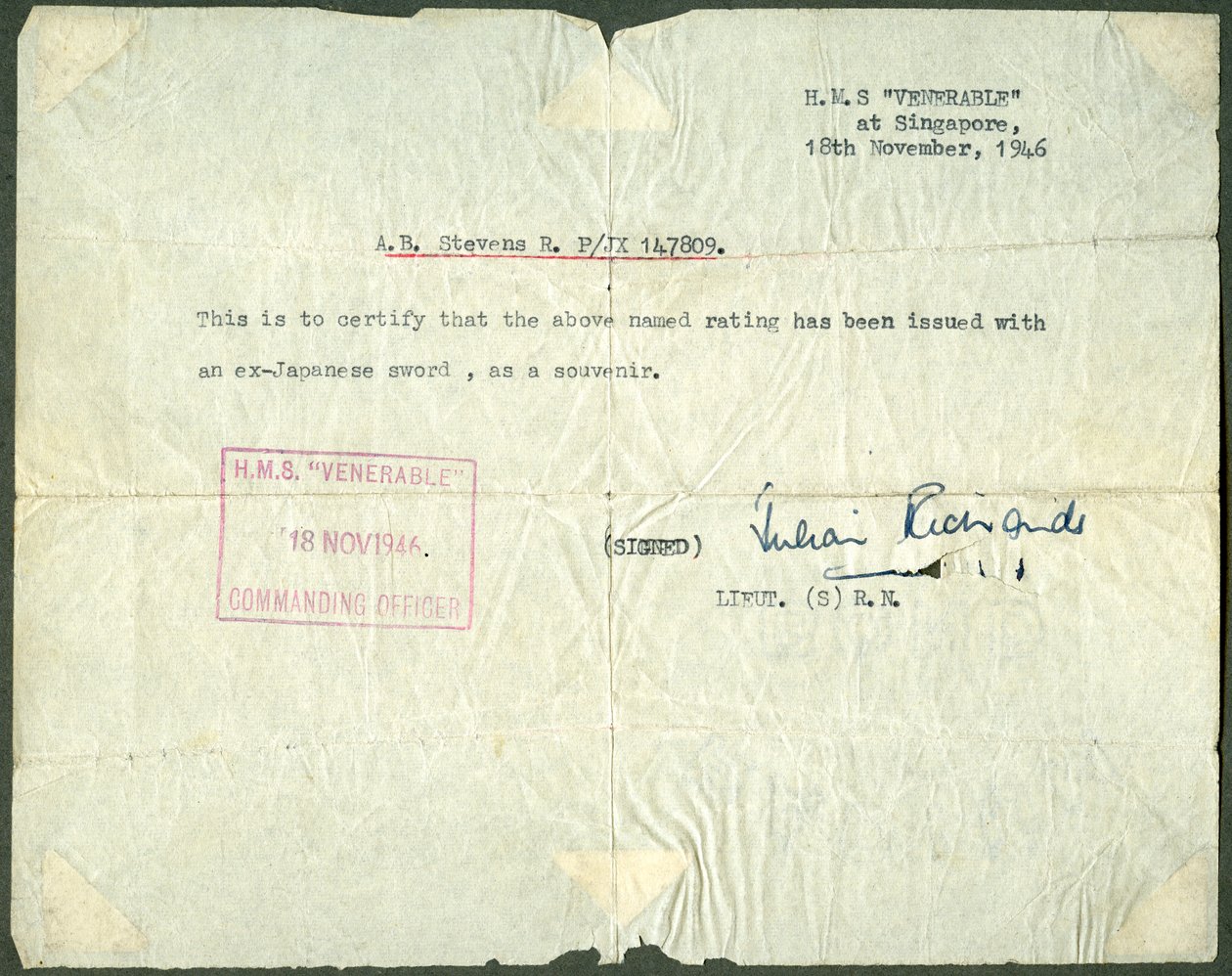 Kvittering for et tidligere japansk sværd, HMS Venerable, Singapore, 1946 af Unbekannt