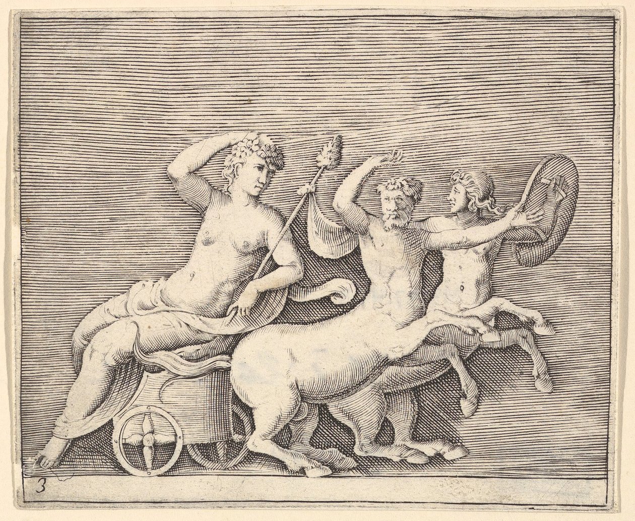 Liggende kvindefigur på en vogn tegnet af to kentaurer, udgivet ca. 1599-1622. af Unbekannt