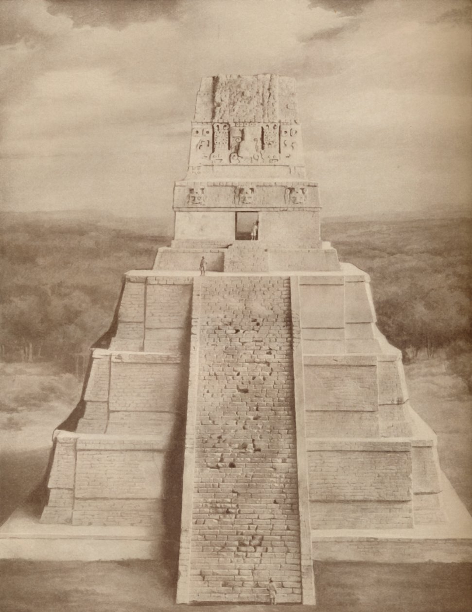 Rekonstrueret model af en storslået Maya-tempelpyramide i Tikal, c1935 af Unbekannt