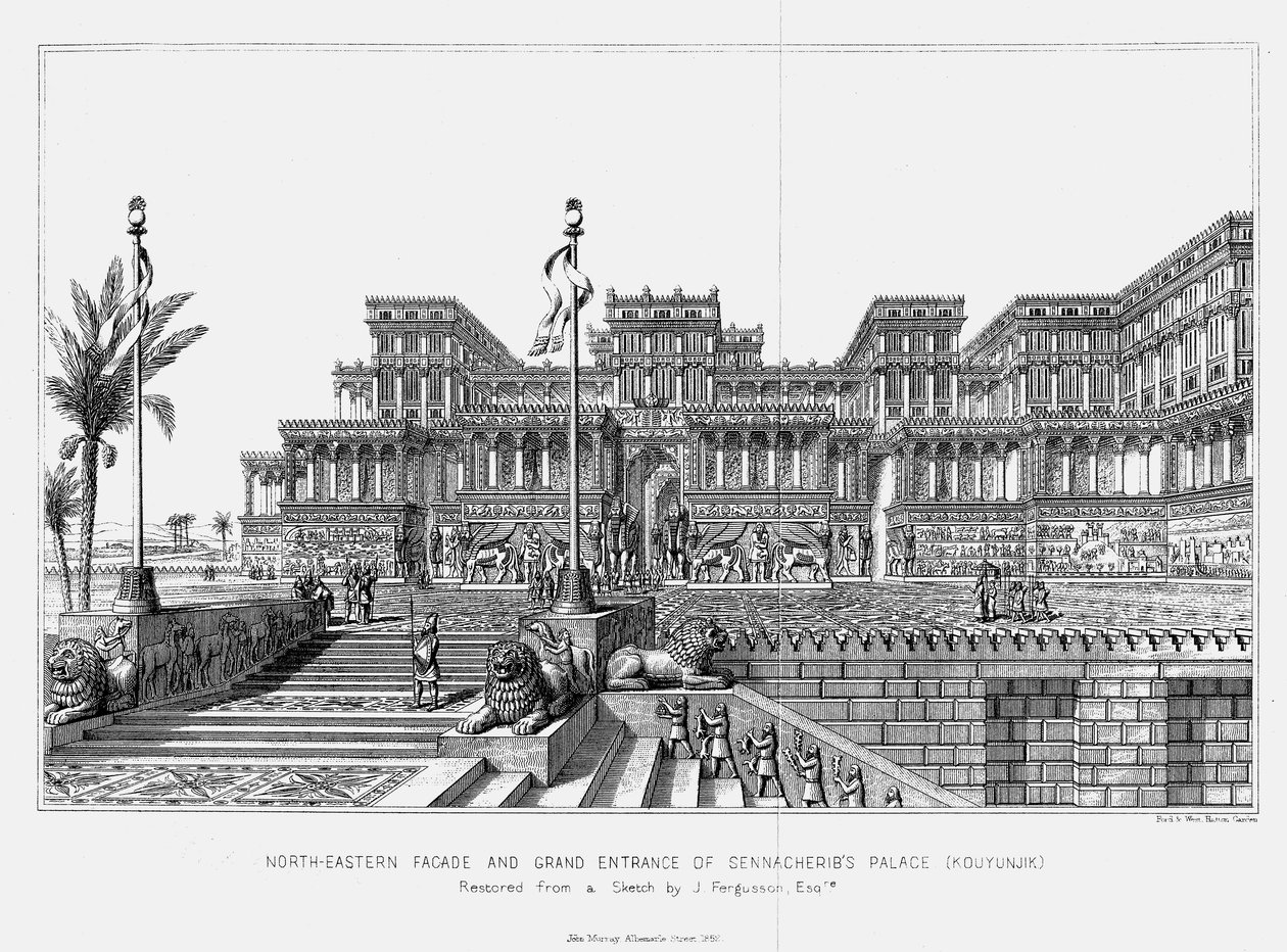 Rekonstruktion af den nordøstlige facade af Sennacheribs-paladset Kouyunjik, assyrisk, 1853 af Unbekannt